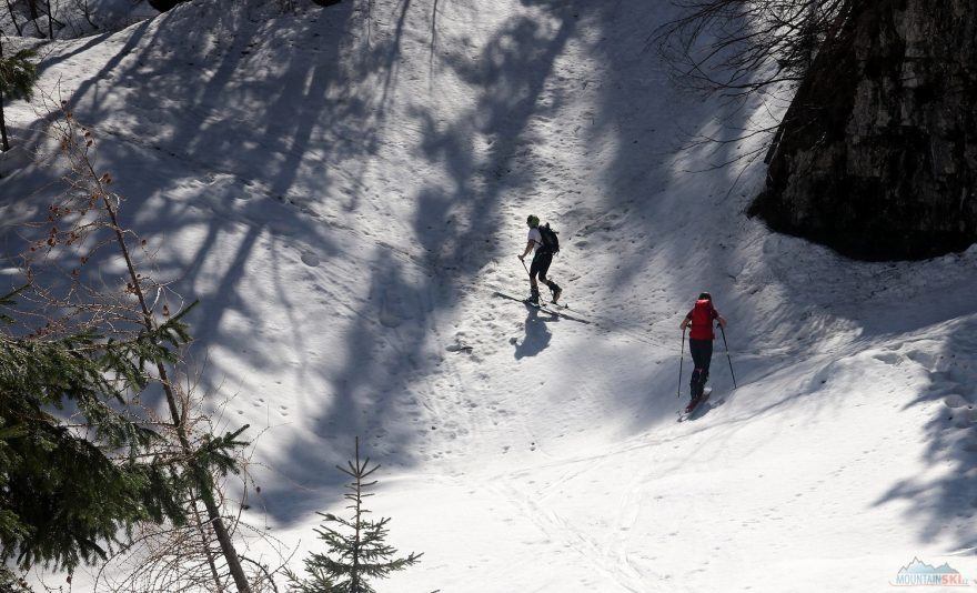Výstup ze Sella Nevea byl místy v řídkem lese