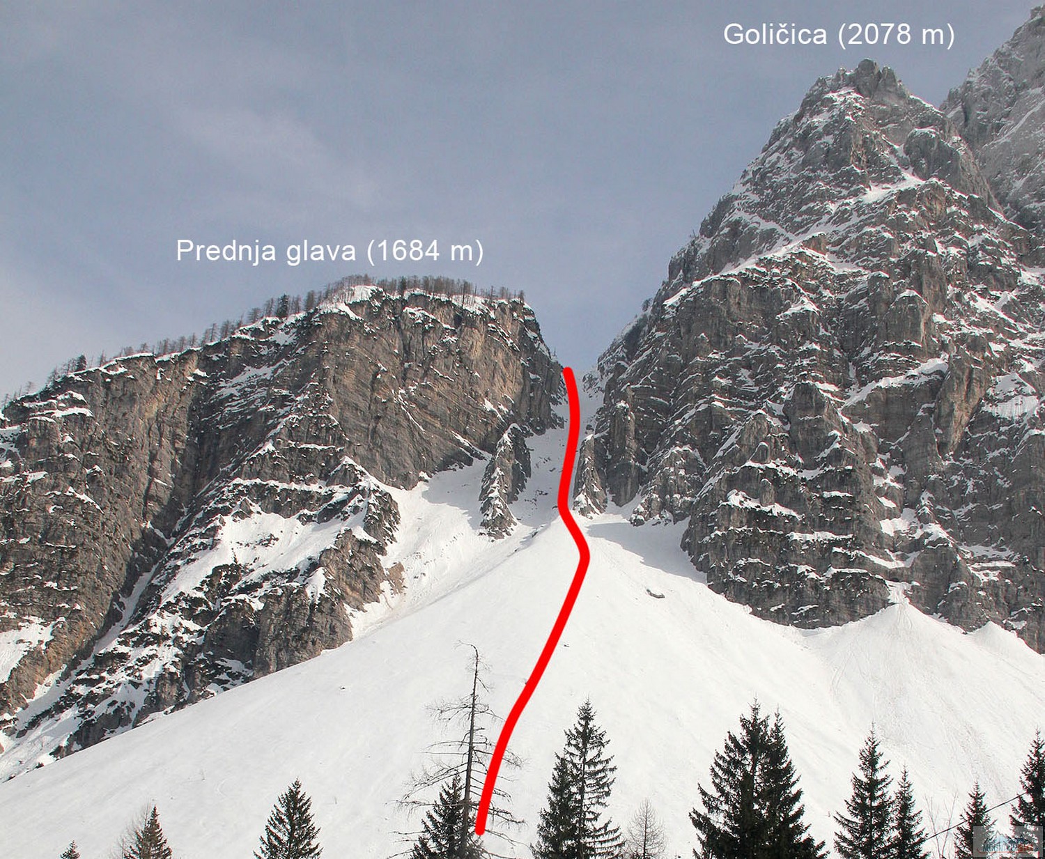 Výstupová a sjezdová trasa z Grapy mezi Prednjou glavou a Goličicí