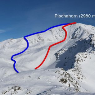 Výstupová stopa je značena modře, jedna z možných sjezdových červeně
