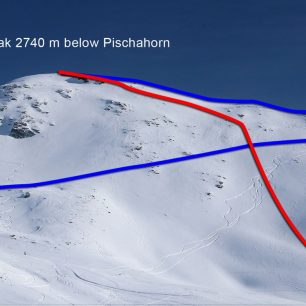 Závěrečný úsek do 2740 metrů, modře je výstupový traverz, červeně jedna z variant sjezdu