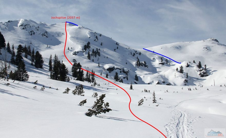 Výstupová trasa je modře, sjezdová z Jochspitze červeně