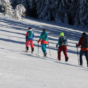 Vedu skupinku na skialpech na hřebenu u Benešek