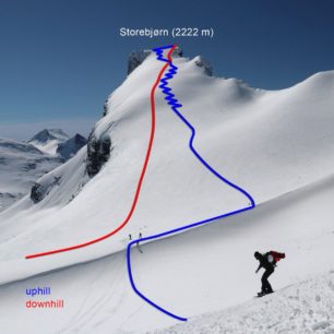 Jedna z možností pro výstup a sjezd ze Storebjørnu (2222 m)