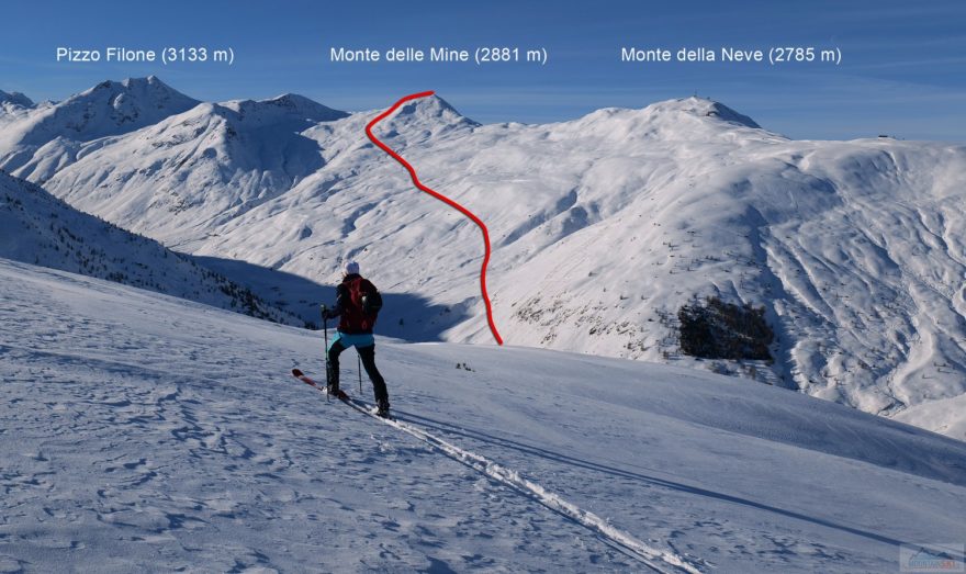 Výstupová a základní sjezdová trasa z Monte delle Mine (2881 m)