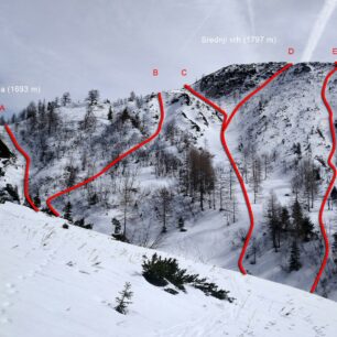 Pět možných sjezdů od sedla Šija (A) až po vrchol Srednji vrh (D a E)