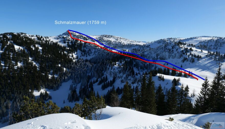 Schmalzmauer (1759 m) - jedny z variant výstupu (modře( a sjezdu (červeně)