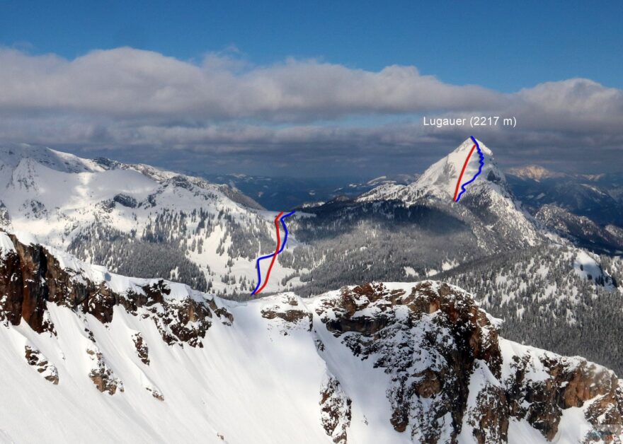 Modře značený výstup a červeně značený sjezd přes sedlo Hüpflinger Hals (1704 m) na Lugauer