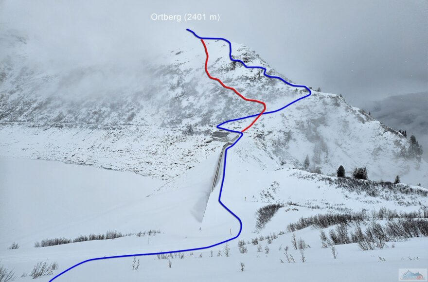 Výstup na Ortberg (2401 m) přes hráz přehrady je značen modře, jedna z mnohých sjezdových možností červeně