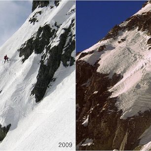 2009 vs 2014 srovnání podmínek v Gálfyho sjezdu z Malého Ladového štítu, levé foto lyžuje Rasťo Peto, foto Miro Peto