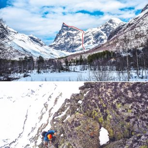Lajna z Horninndalsrokkenu a skalní lezení těsně pod vrcholem