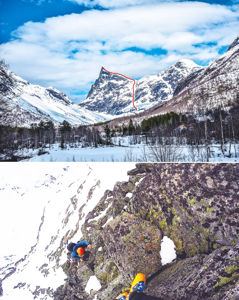 Lajna z Horninndalsrokkenu a skalní lezení těsně pod vrcholem