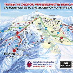 Vyznačené výstupové skialpové trasy na Chopku
