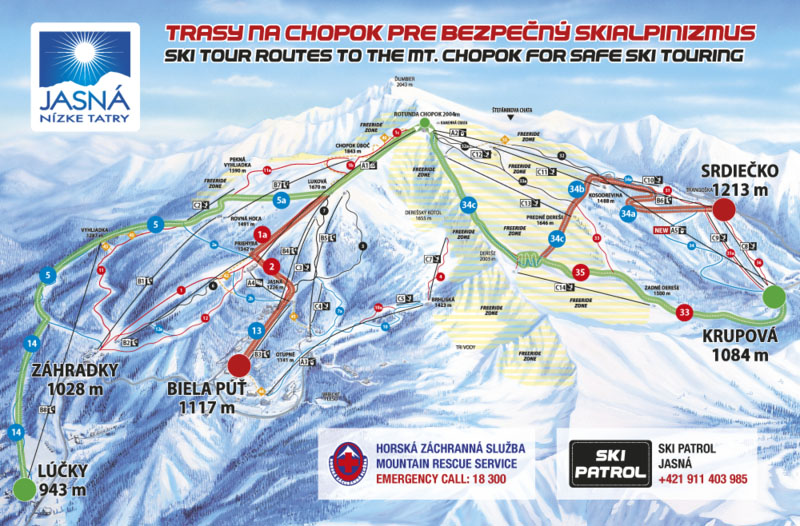 Vyznačené výstupové skialpové trasy na Chopku