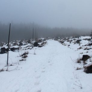 Jediný úsek žluté turistické značky, kde je tyčové značení