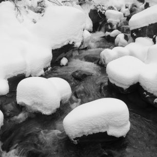 Sněhem vylepšený výhled na potok Fischbach