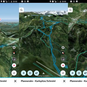 Různé varianty 3D náhledu na skialpovou túru v oblasti Planneralmu