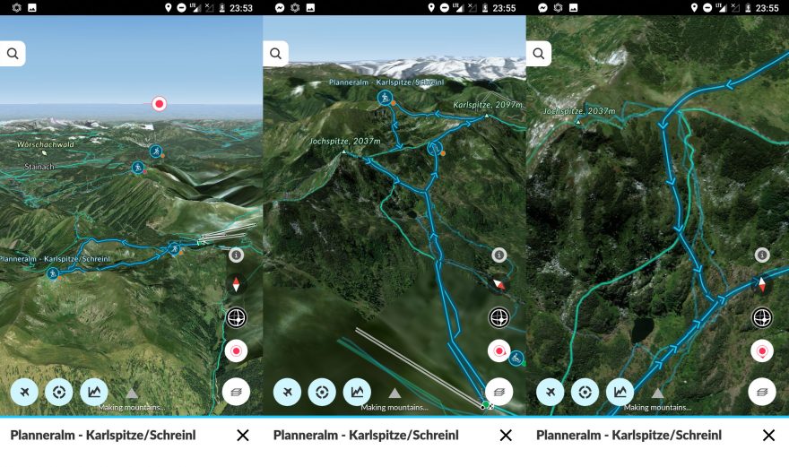 Různé varianty 3D náhledu na skialpovou túru v oblasti Planneralmu