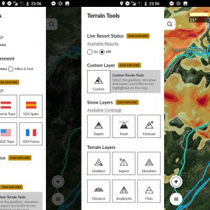 Možnost různých mapových podkladů, přepínání zobrazení mapy a rozdělení sklonů svahů od 25 stupňů výše