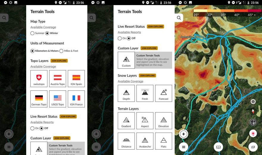 Možnost různých mapových podkladů, přepínání zobrazení mapy a rozdělení sklonů svahů od 25 stupňů výše