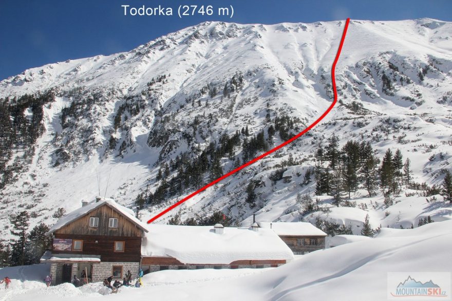 Sjezd z hřebene mezi Malou Todorkou a Todorkou k chatě Vichren